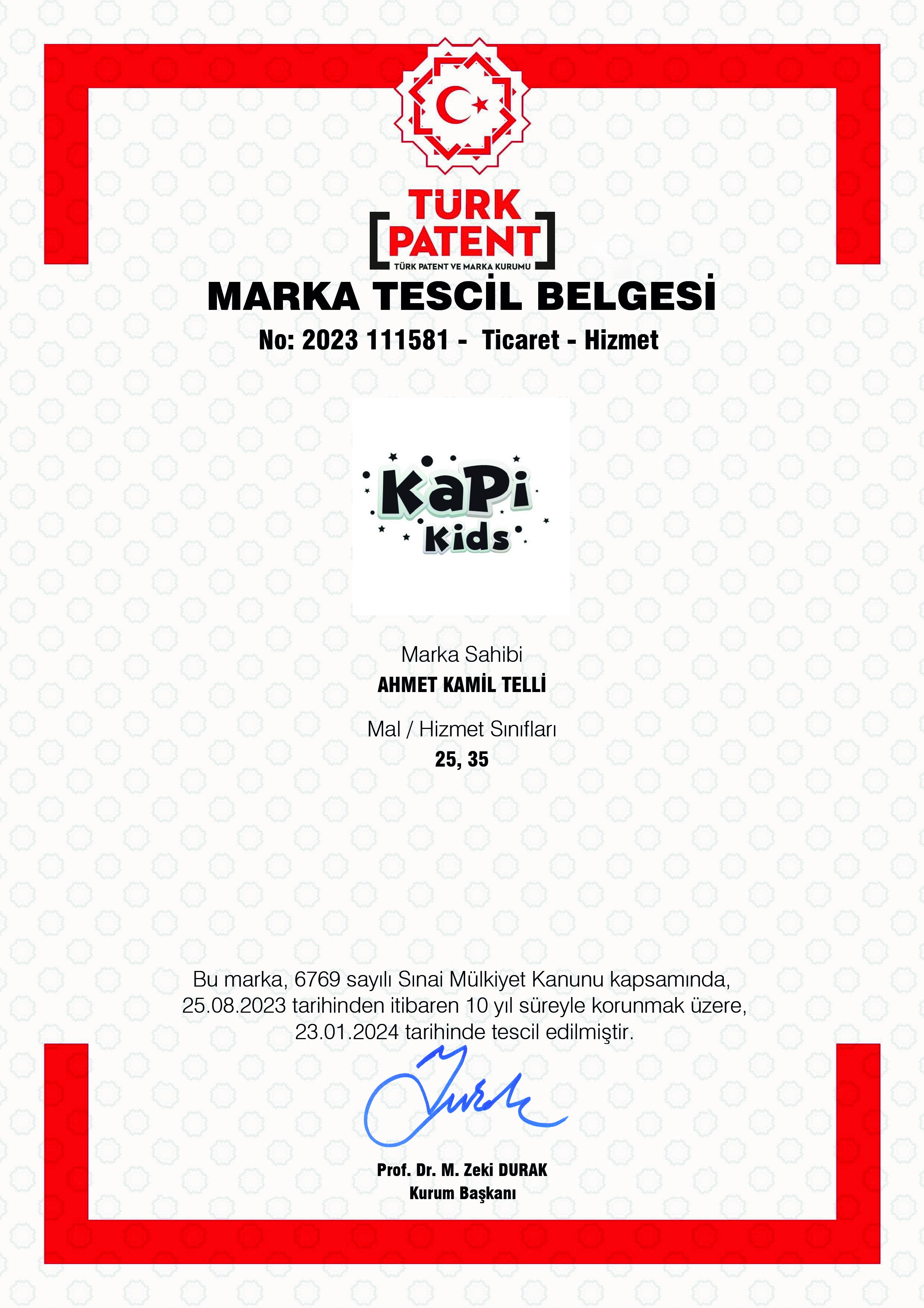 Kapi Kids Marka Tescil Belgesi