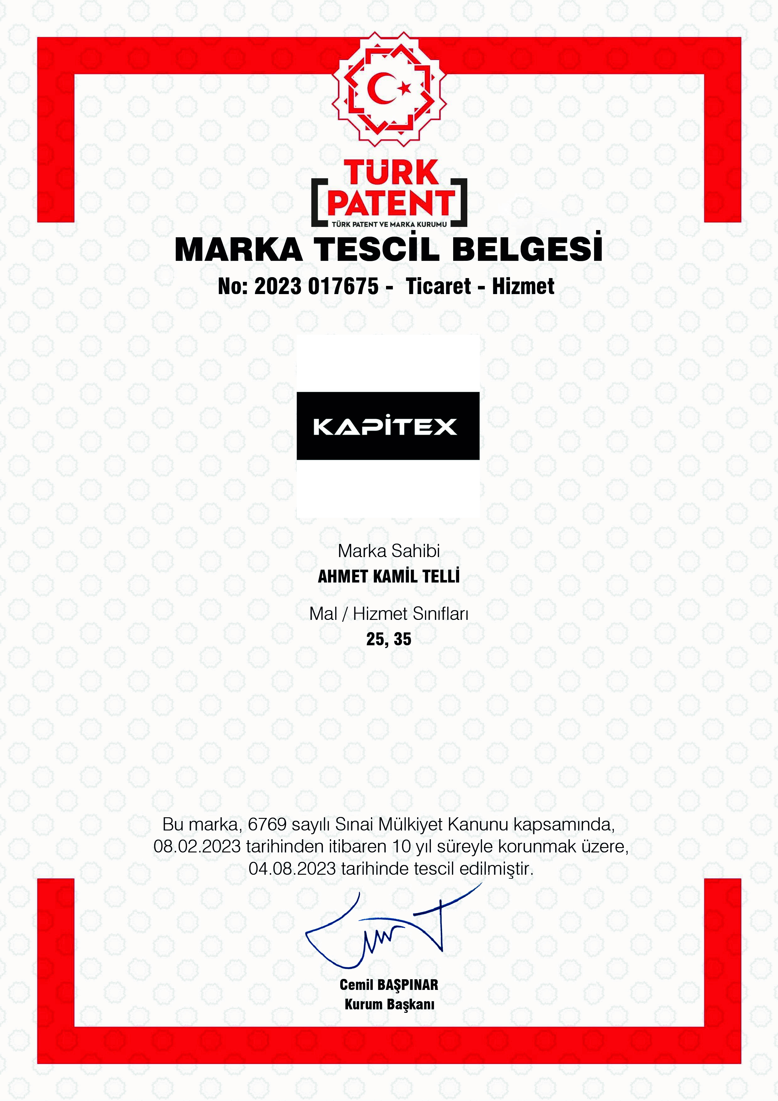 Kapitex Marka Tescil Belgesi
